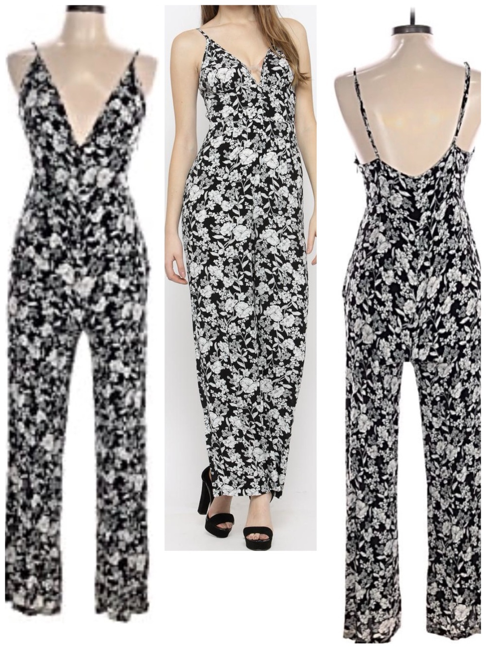 Forever 21 Black & White Floral V-Neck Wide-Leg Jumpsuit
